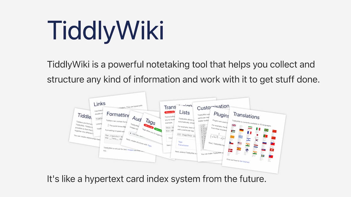 Screenshot with a headline: TiddlyWiki. Below are several tiddlers randomly stacked.